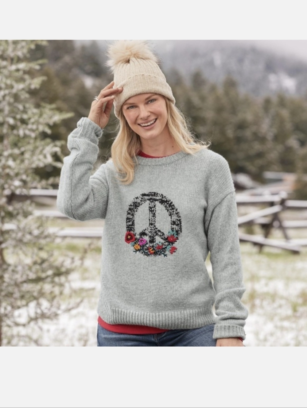 SUNDANCE  Gray Floral Peace Sign Knit Sweater XS